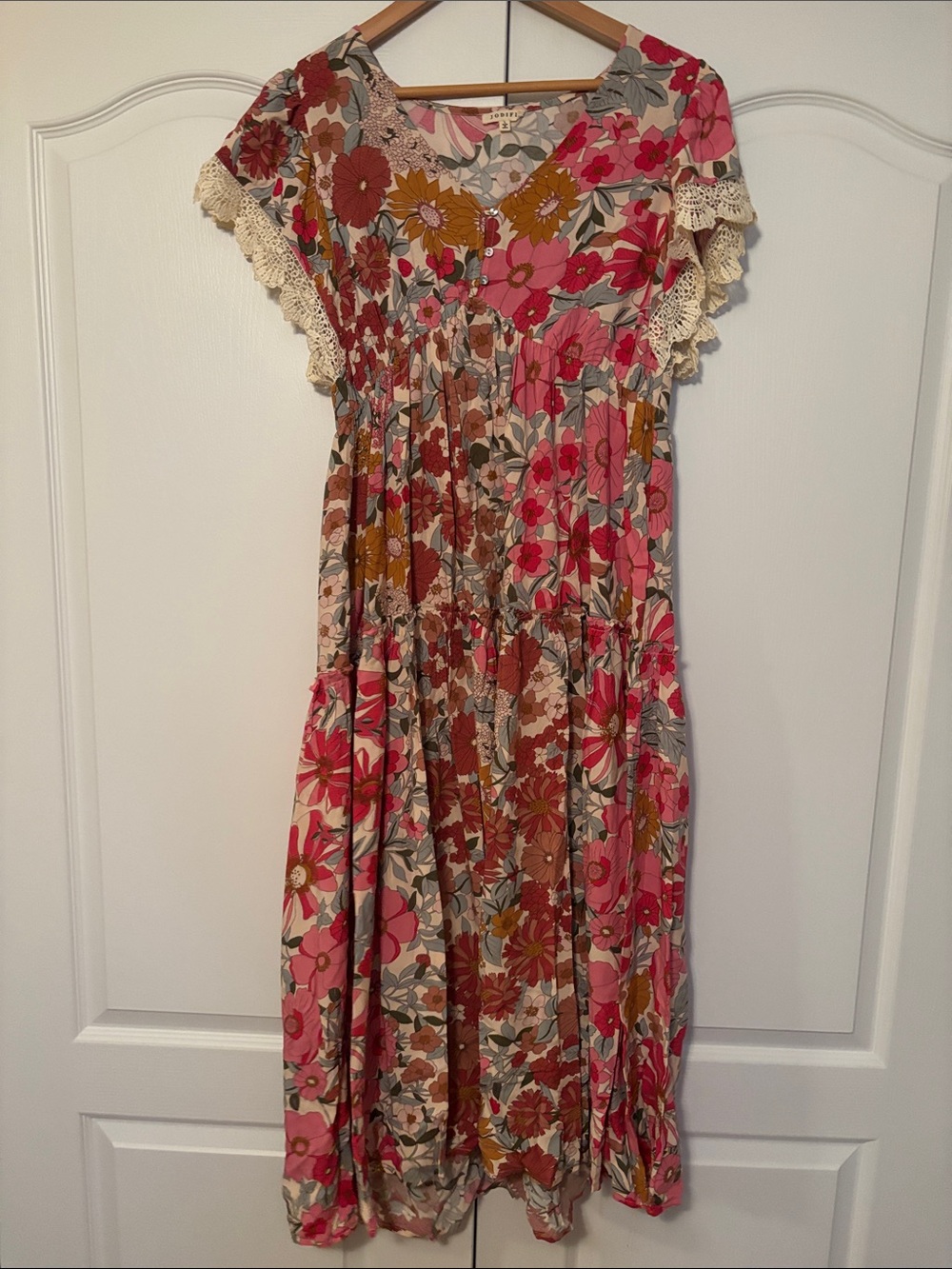 Floral Pink Boho Maxi Dress with Crochet Trim